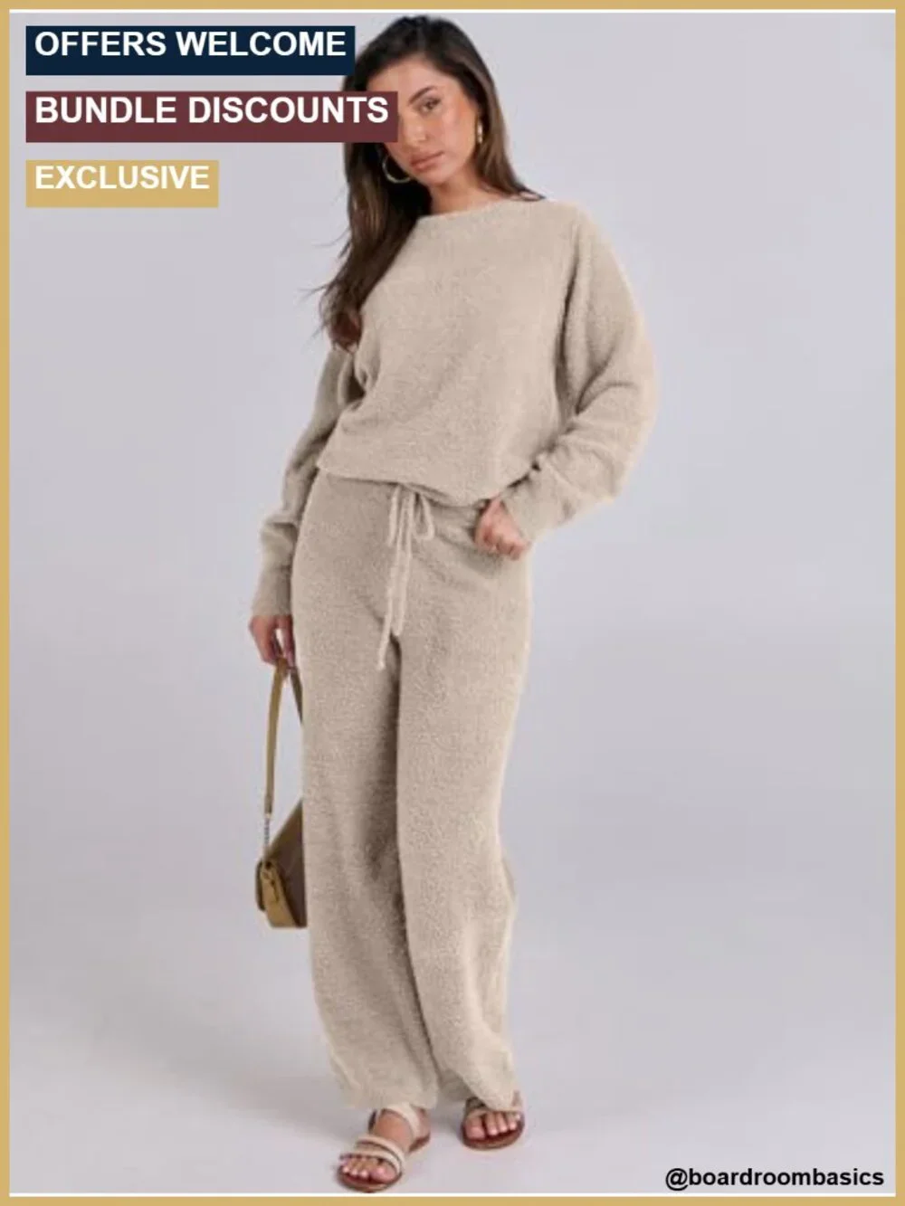 Fuzzy Fleece Lounge Set for Women, Long Sleeve Pullover Top & Wide Leg Pants, 2
